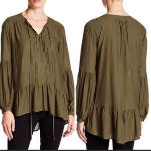 Ro&De  Olive Green Long Sleeve Split Neck Peplum Peasant Top Small